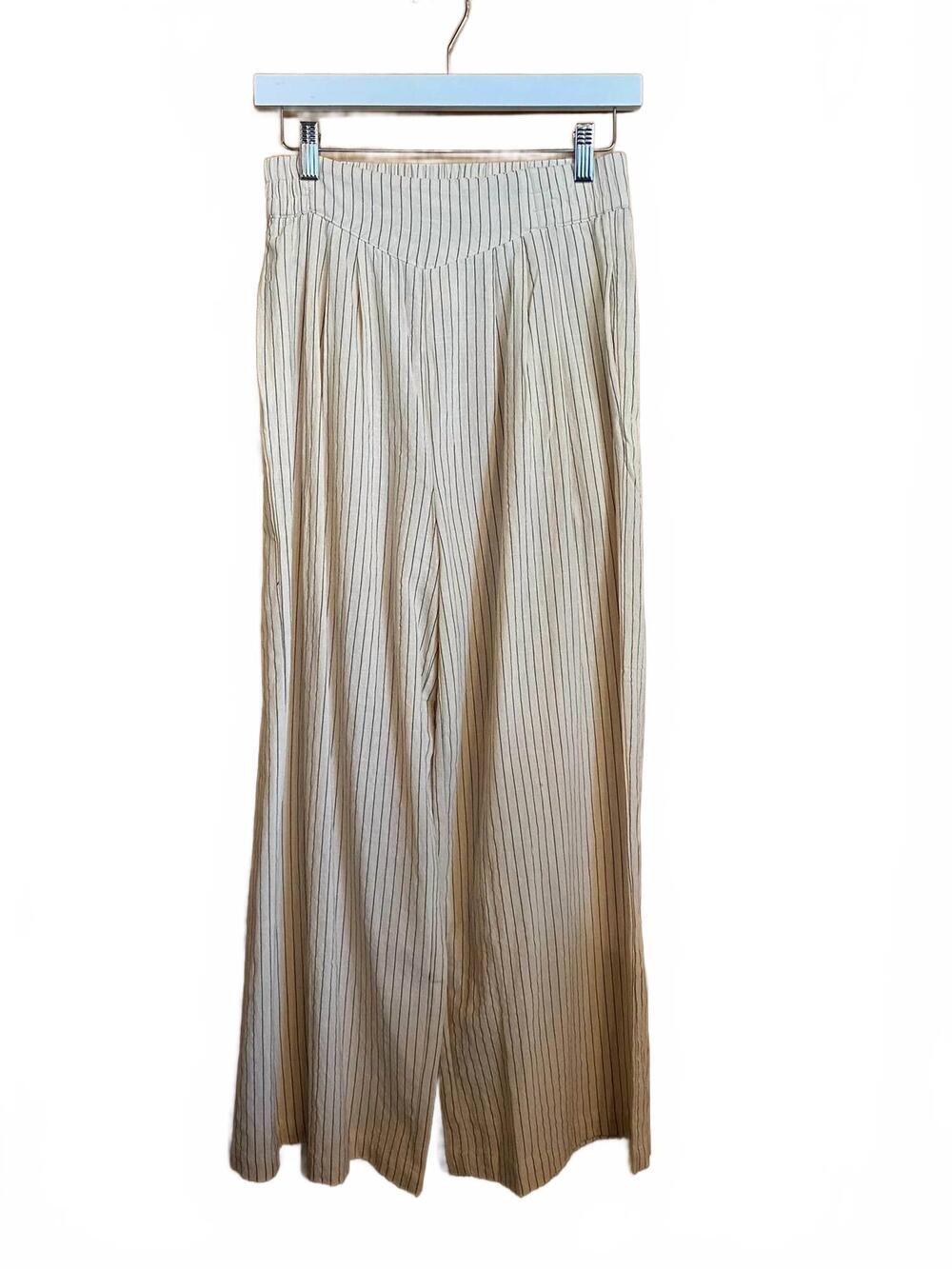 NEW KLD women's striped linen blend trousers in oatmeal
